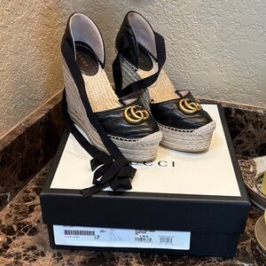 Gucci D’Orsay Black Leather Espadrille Wedge Sandals with Gold GG